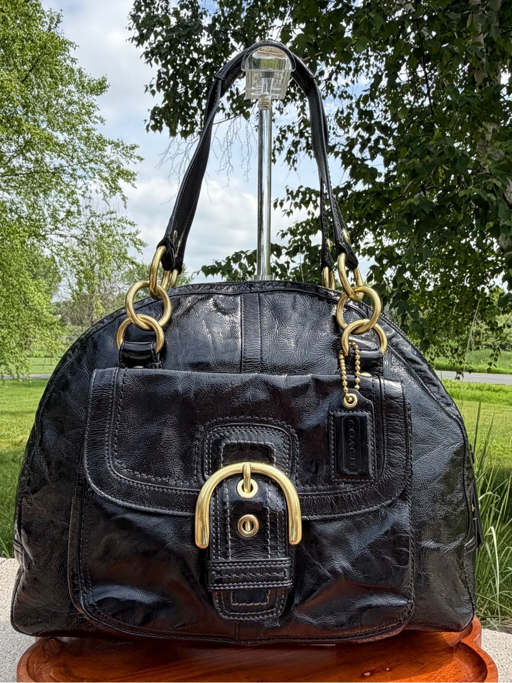 Coach Soho Courtney Domed Satchel Black Crinkled Patent Leather